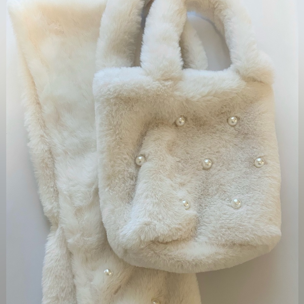 💯 From Japan! Soft Cute Bag Scarf Set Faux Fur And Pearls